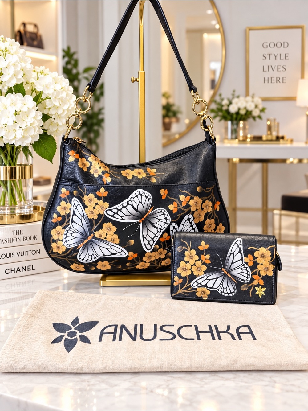 Anuschka Black Hand-Painted Butterfly Shoulder Bag and matching wallet
